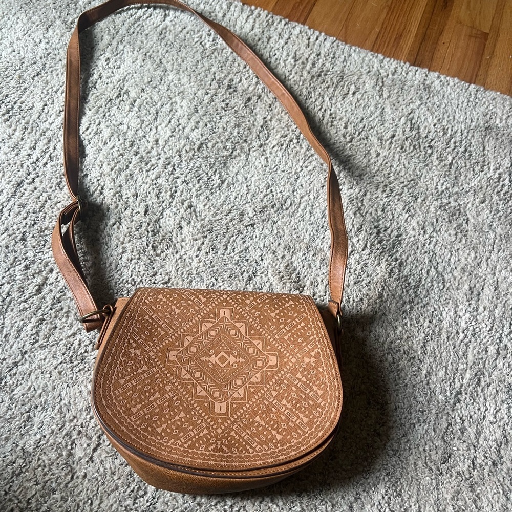 Tan Embossed Crossbody Saddle Bag - Women